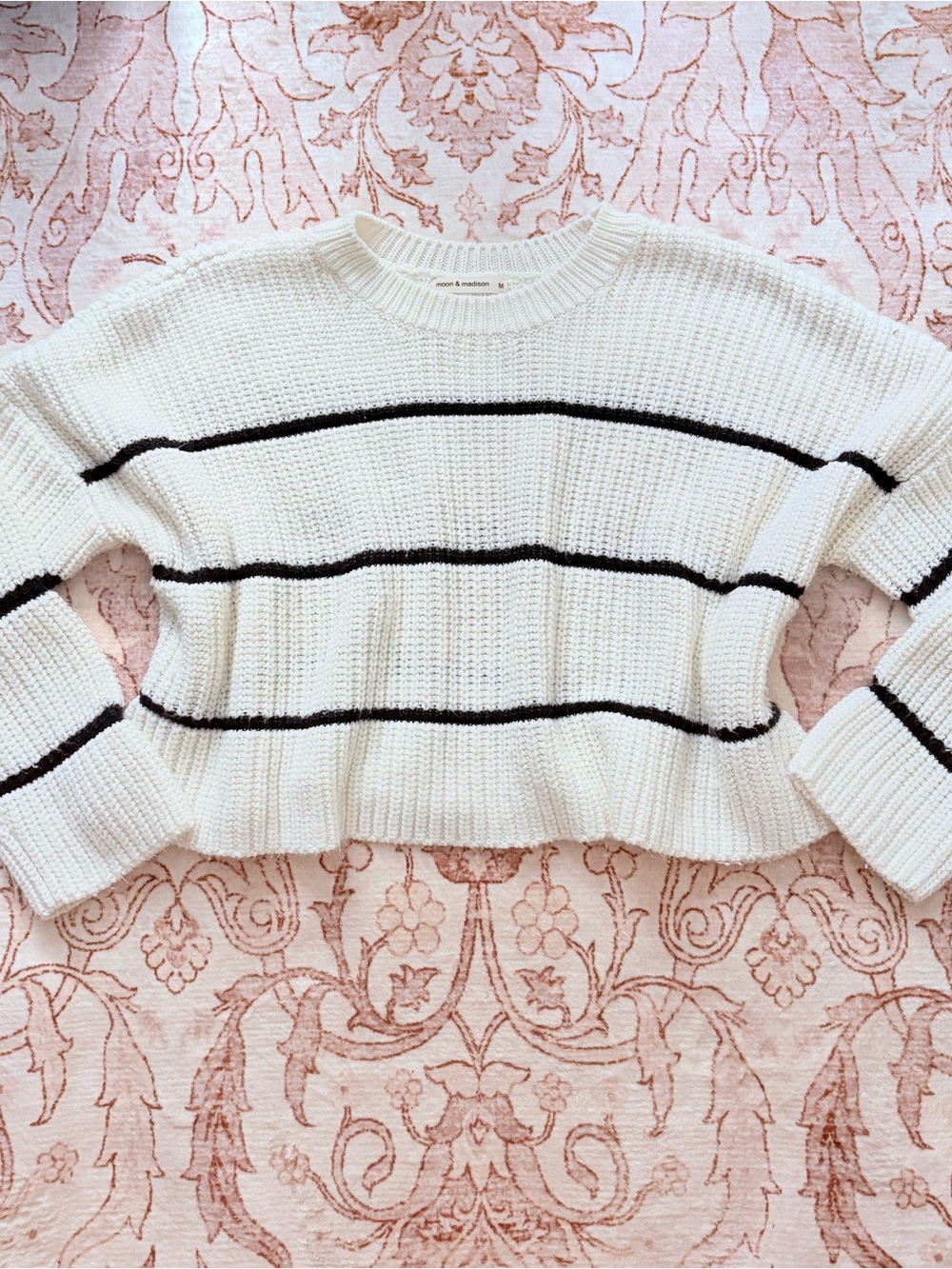 moon & madison Cream Sweater with Black Stripes - Classic Crewneck